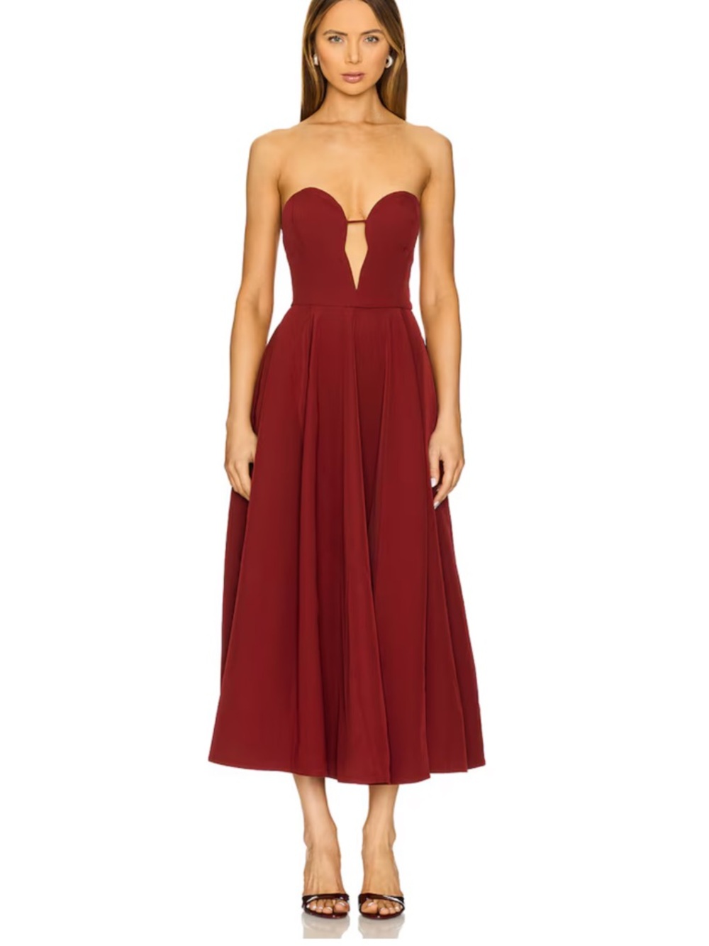 Bardot Strapless Wine-Red Midi Dress with Sweetheart Cut